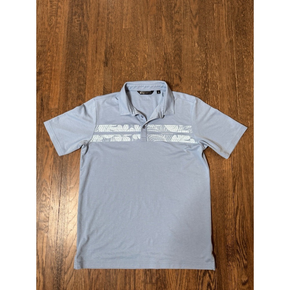 Travis Mathew Mens L Polo Shirt Blue Tropical Floral Chest Stripe Golf SS